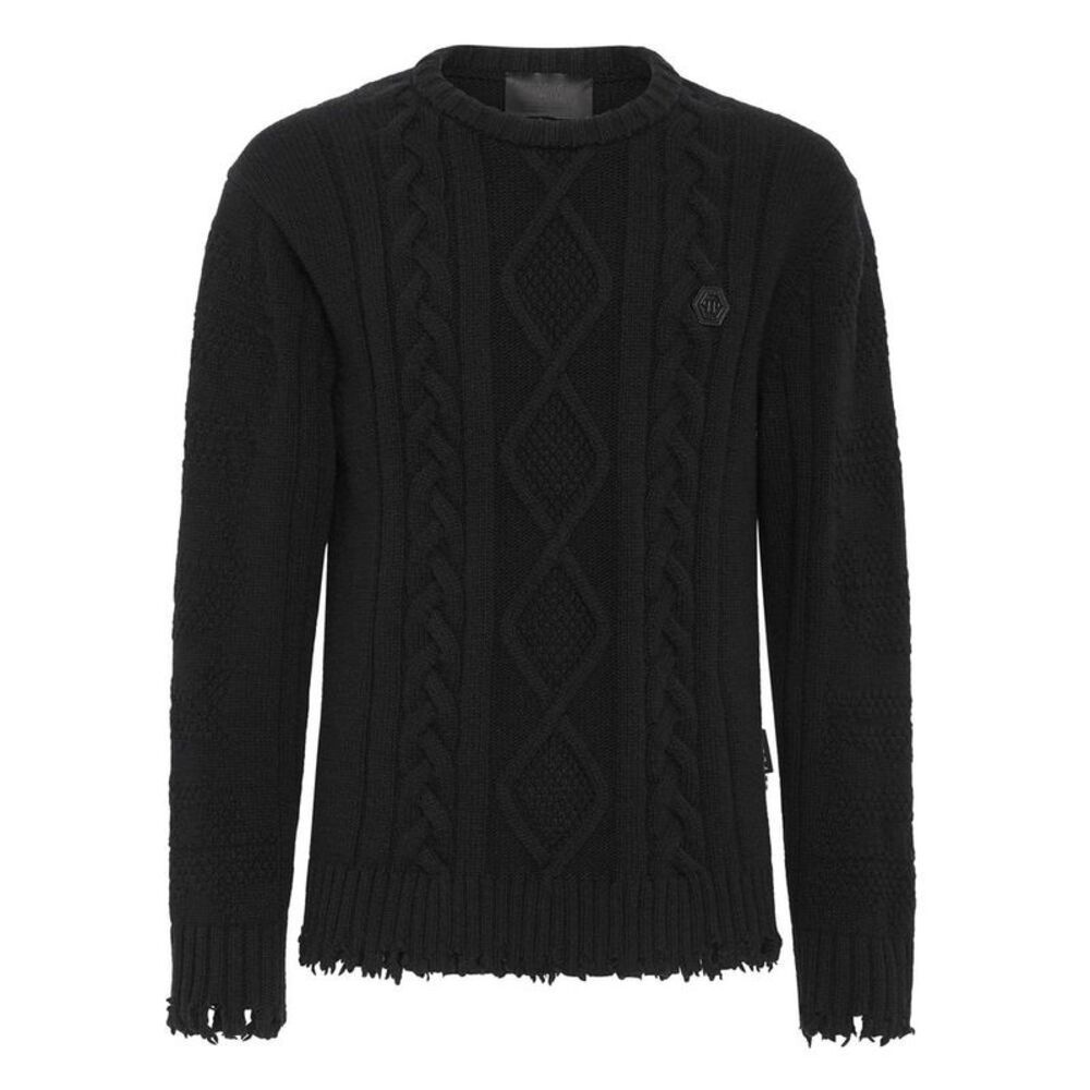 Philipp Plein Cable Knit Distressed Sweater Men black Sweaters & Knitwear